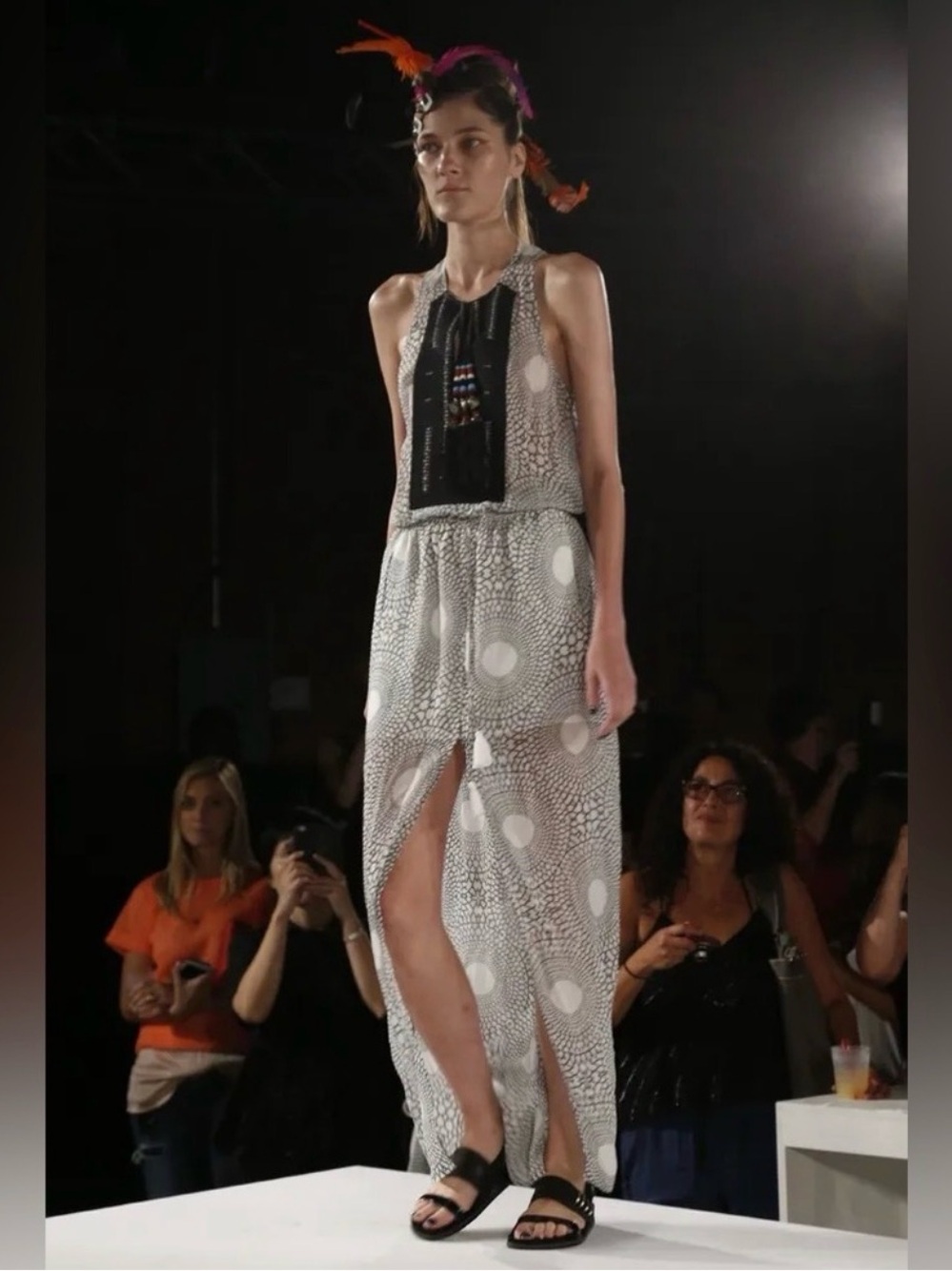 L.A.M.B Spring Runway 15’ Vogue Olive Black & White Halter Maxi with Front Slit